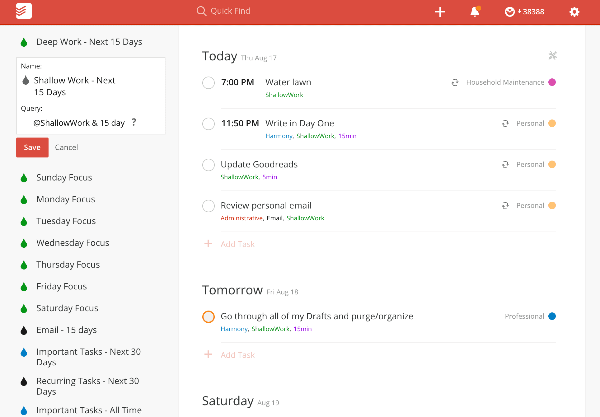 Shallow Work Todoist Filter