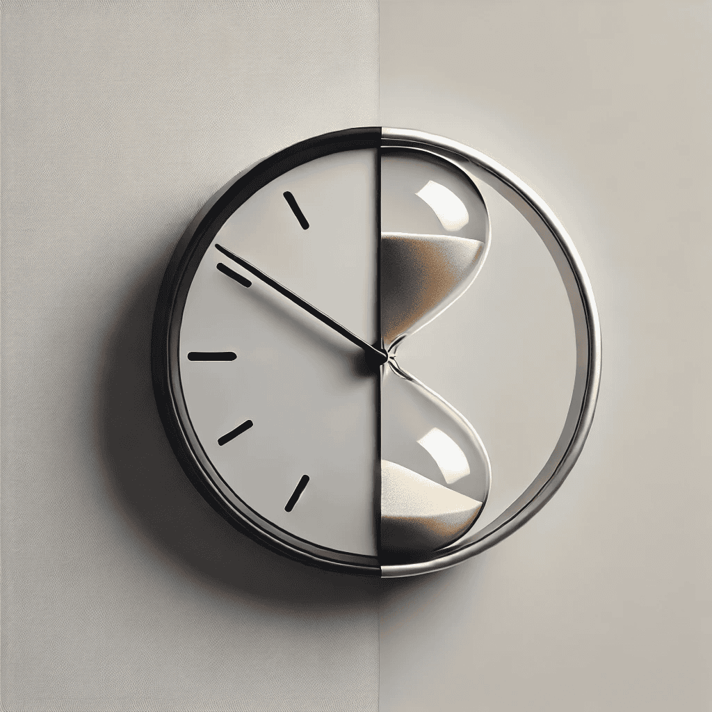 Minimalist timekeeping design split in half, featuring a modern clock on the left representing precision and a classic hourglass on the right symbolizing tolerance. The image highlights the balance between structured time and adaptability in time management.