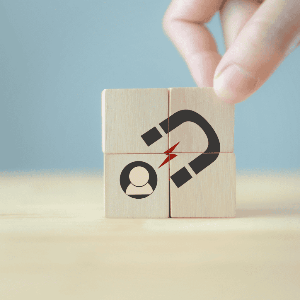 A hand arranges wooden blocks displaying a magnet attracting a person icon, symbolizing intentional retention through sustained attention and appreciation.