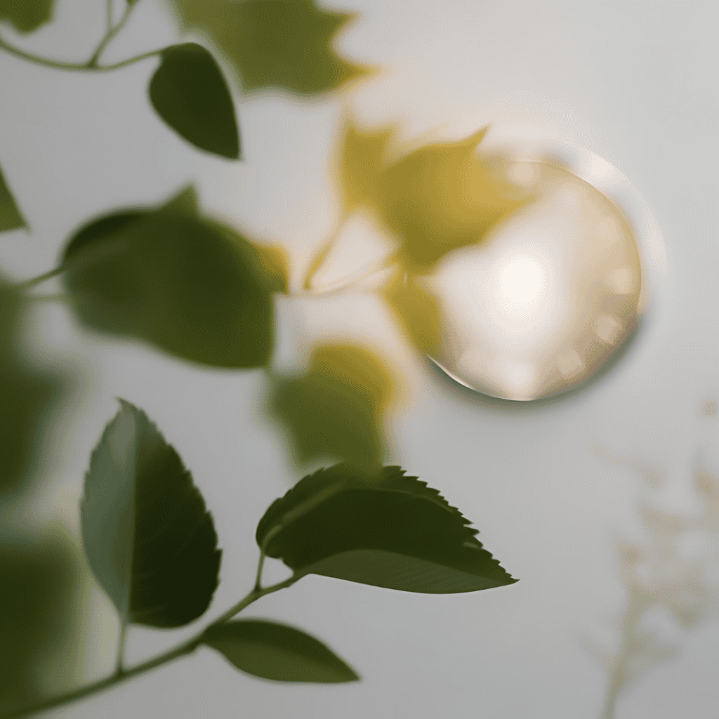 Soft-focus leaves in the foreground gently blur a glowing wall clock in the background, evoking a sense of stillness and reflection. The image symbolizes the quiet interplay between nature and time—suggesting that our relationship with time, like with growth, benefits from patience, presence, and perspective.