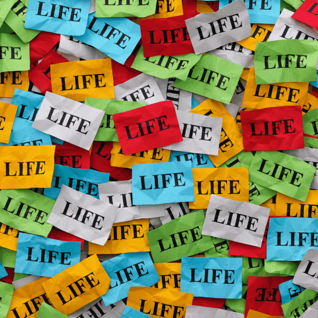 A colorful collage of torn paper pieces, each labeled with the word 'LIFE' in bold black letters, representing the complexity and abundance of life's possibilities.