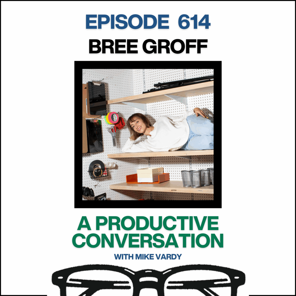 Podcast artwork featuring Bree Groff casually lying on her side on a bookshelf smiling, implying that work should be fun.