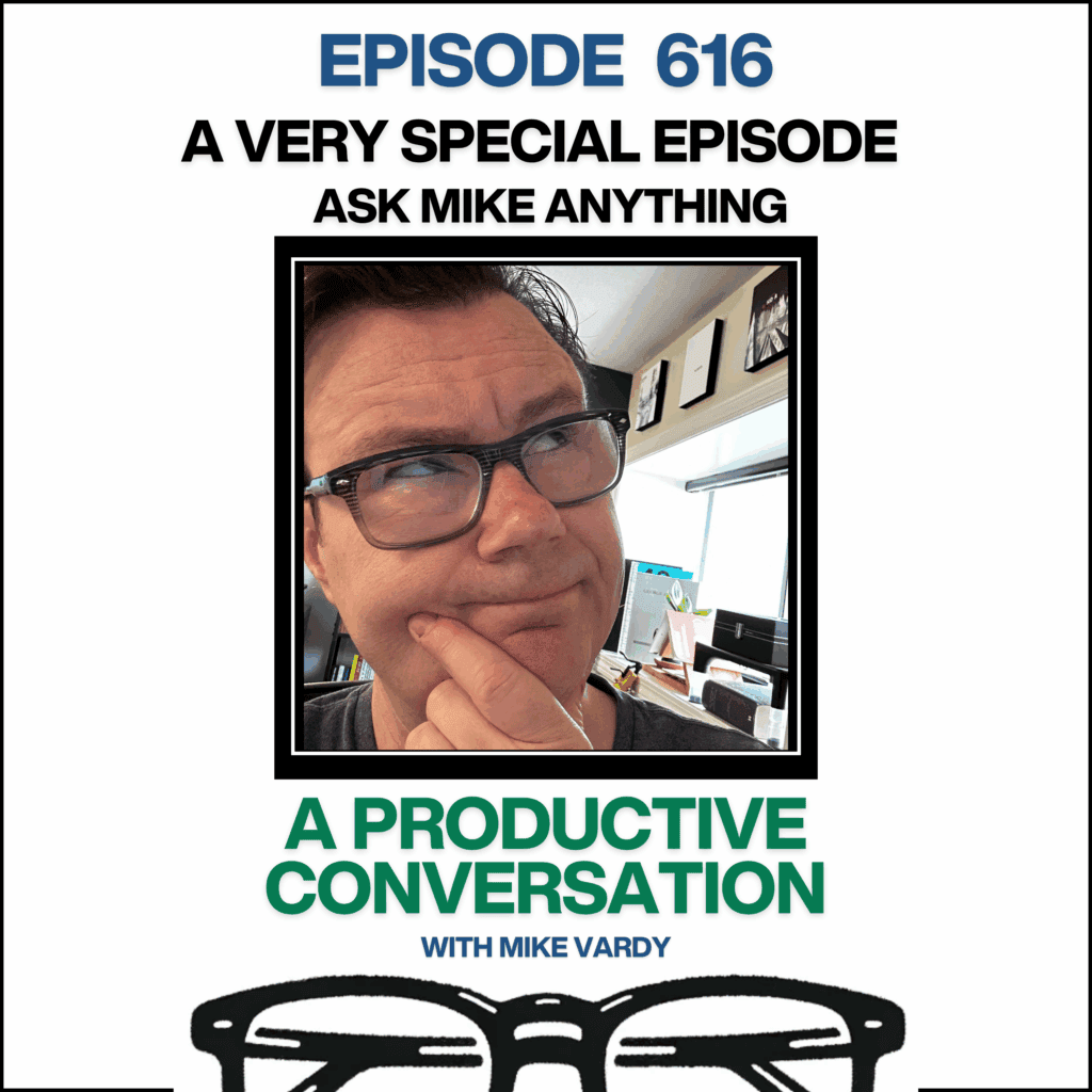 Mike Vardy in podcast artwork looking quizzical while he prepares to answer questions asked by listeners of A Productive Conversation.