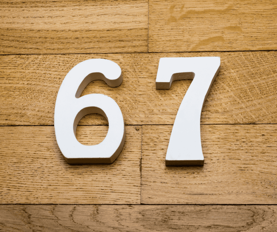 White painted wooden 6 and 7 numbers on a brown wood plank background, symbolizing even and odd numbers.