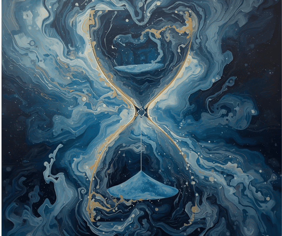t is an abstract cosmic hourglass made of swirling blue, teal, and gold nebula-like patterns, symbolizing the flow of time and energy in a fluid, space-inspired scene.
