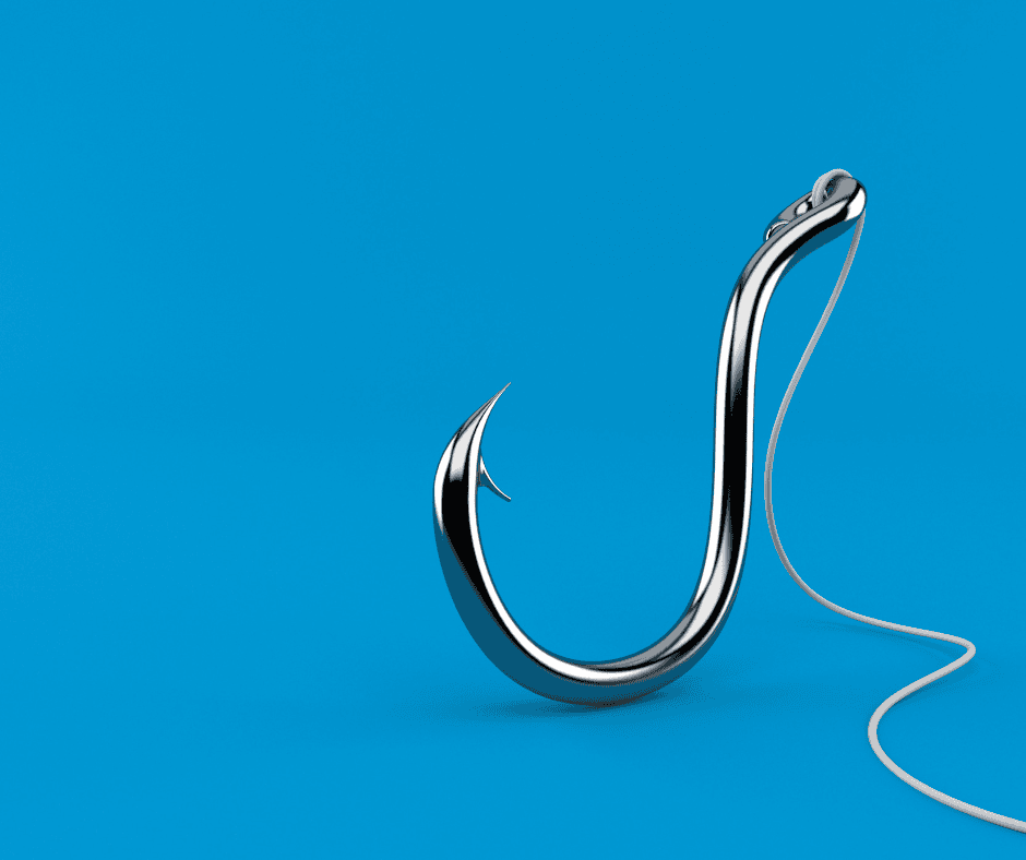 A single fishing hook with a trailing line against a blue background, symbolizing how systems can quietly catch and pull us away from personal responsibility.