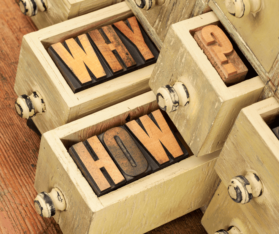 Open wooden drawers containing vintage-style letterpress blocks that spell out "WHY," "HOW," and a question mark—visually representing the sequence in which we often seek answers, prioritizing method before meaning.
