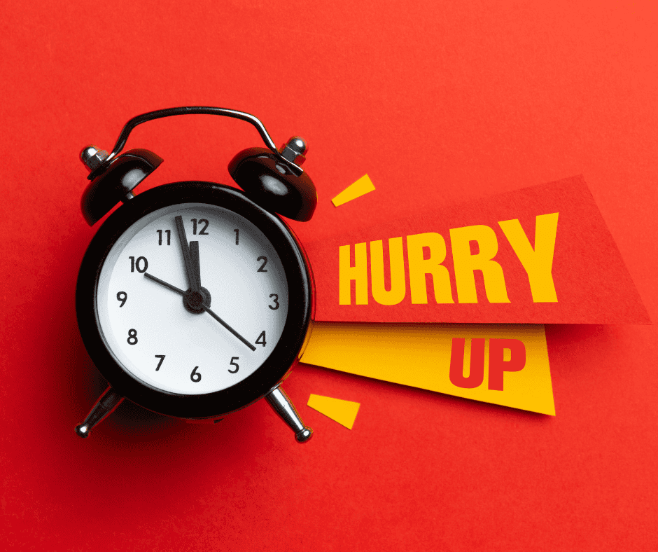 A black analog alarm clock on a red background beside bold yellow text reading “Hurry Up,” illustrating the pressure of speed and urgency that undermines thoughtful leadership and presence.