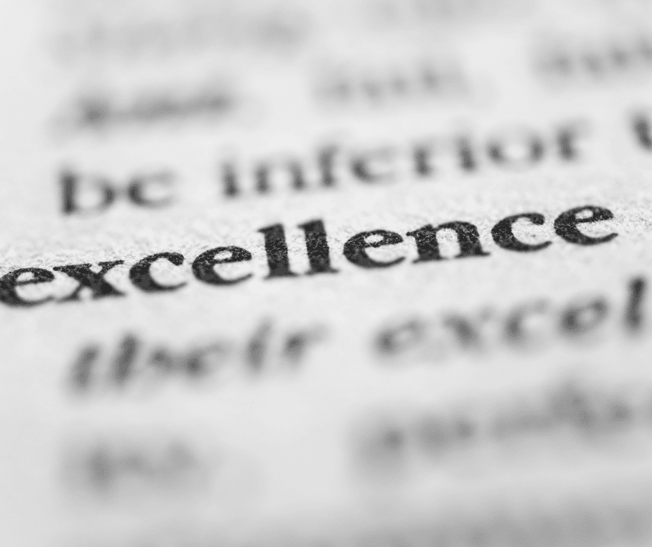 Close-up of the word “excellence” in print, symbolizing sustainable excellence and values-driven mastery over optimization.