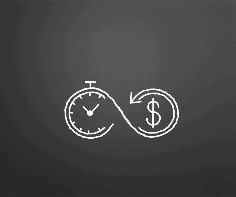 Hand-drawn infinity symbol linking a clock and a dollar sign, symbolizing the contrast between transactional thinking and the continuous transitions of time.