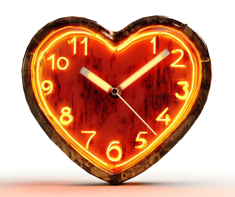 Heart-shaped neon clock glowing red and orange, symbolizing passion shaping how time is spent.
