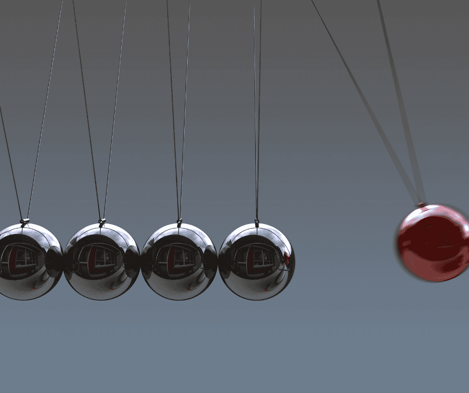 A Newton's cradle with four silver balls hanging at rest and a single red ball pulled back in preparation — a visual metaphor for prudence: the deliberate pause before action that makes everything that follows more effective