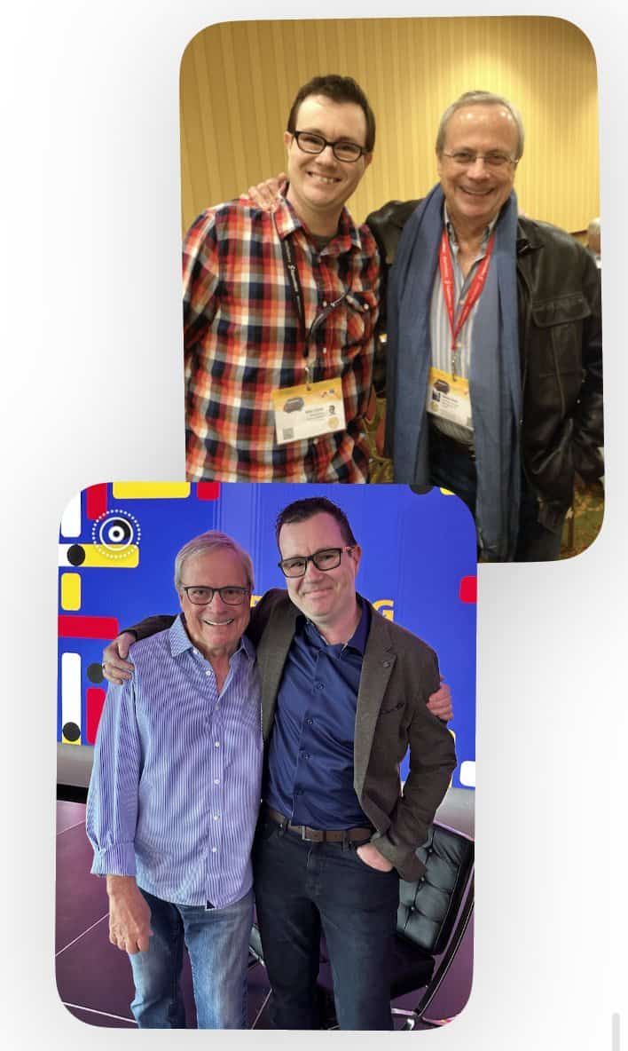 Mike Vardy with David Allen at SXSW in 2014 and again at Running Remote in 2023